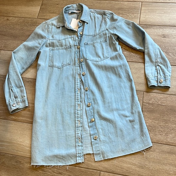 Zara Tops - Zara Denim Long Shirt / Dress Button Down SMALL Raw Hem